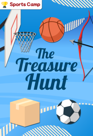 En el centro de la imagen vemos escrito "The Treasure Hunt" sobre un fondo azul y alrededor del texto vemos varios objetos flotando como un balón de futbol, un balón de baloncesto, una canasta, una caja y un arco